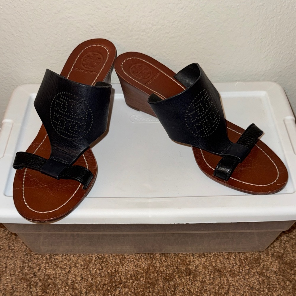 Tory Burch Black Leather Women's Wedge Sandals